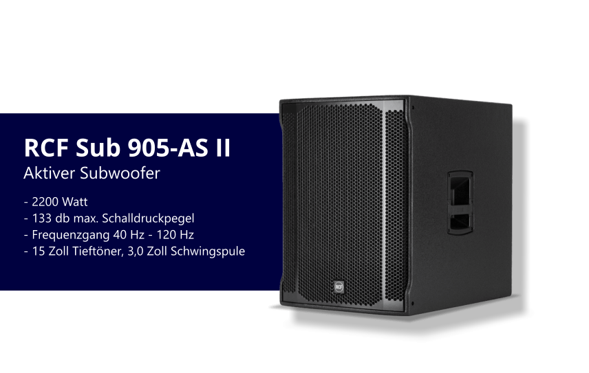 RCF Sub 905-AS II - 2200 Watt - 133 db max. Schalldruckpegel - Frequenzgang 40 Hz - 120 Hz - 15 Zoll Tieftöner, 3,0 Zoll Schwingspule  Aktiver Subwoofer