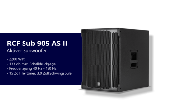 RCF Sub 905-AS II - 2200 Watt - 133 db max. Schalldruckpegel - Frequenzgang 40 Hz - 120 Hz - 15 Zoll Tieftöner, 3,0 Zoll Schwingspule  Aktiver Subwoofer